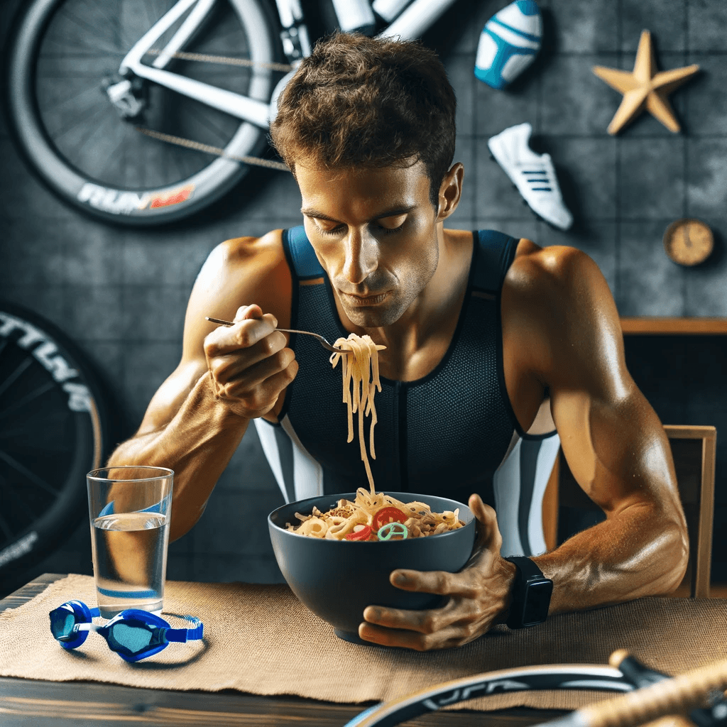 Um triatleta comendo uma tigela grande de massa, uma rica fonte de carboidratos.
