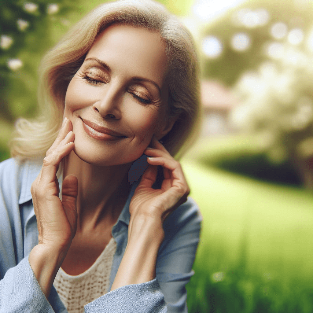 Mulher de meia-idade serena e contente, sentada ao ar livre em um jardim tranquilo