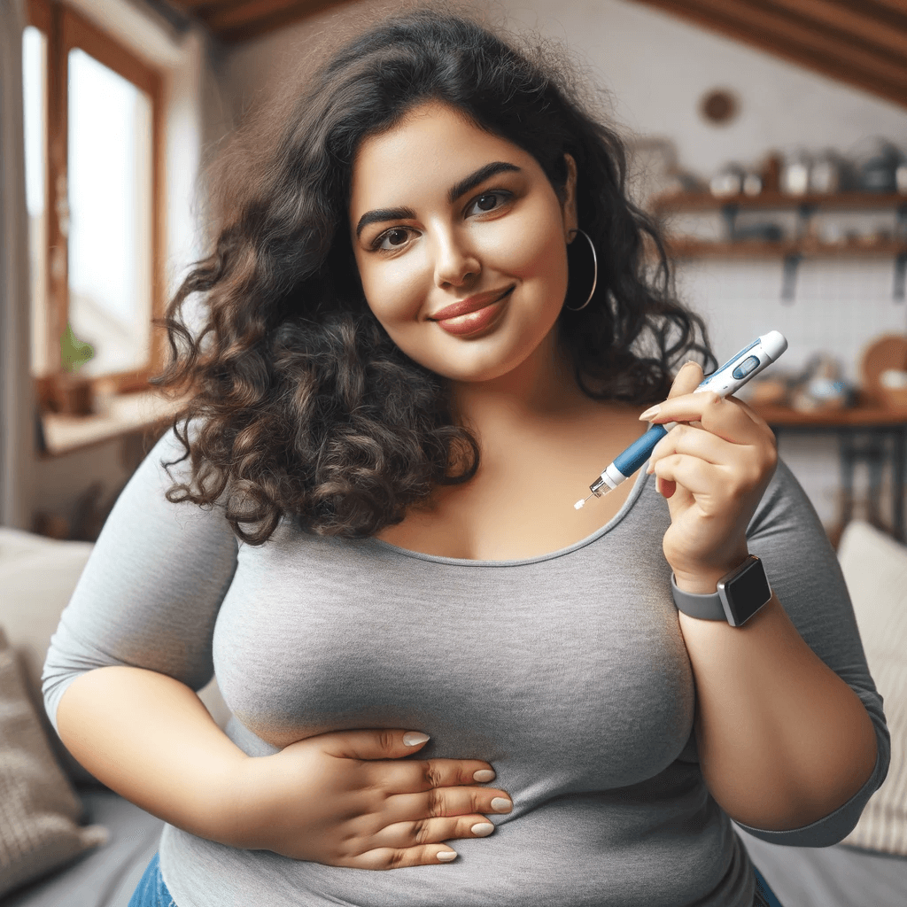 Mulher parda com obesidade aplicando uma caneta do medicamento GLP-1