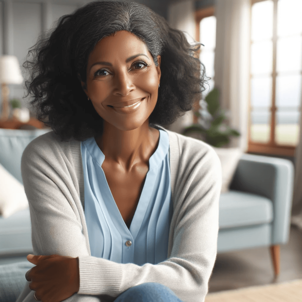 Mulher negra de meia-idade, feliz e confortável, sentada em uma sala de estar.